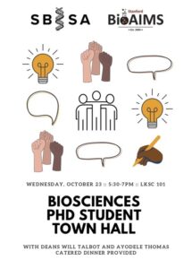 Flyer with icons advertising the October 2019 Biosciences Town Hall