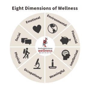 Graphic listing Dimensions of Wellness: Emotional, Environmental, Financial, Intellectual, Meaningful, Occupational, Physical, Social