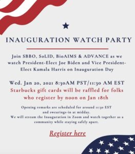 Flyer for Inaguration Watch Party with American flag motifs as decoration