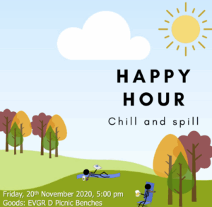 Illustration of a sunny landscape with the text Happy Hour Chill and Spill