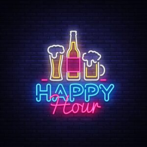 Neon sign of alcoholic beverages and the text "Happy Hour"