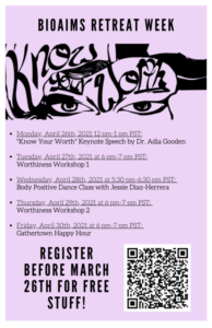 Flyer with schedule of 2021 BioAIMS Retreat Week